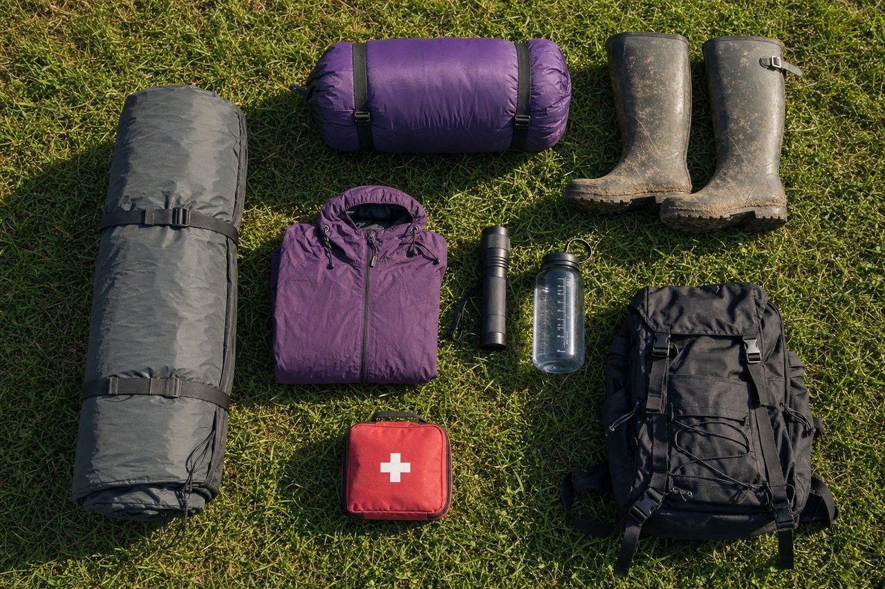 Festival camping kit laid out on grass: a rolled tent, sleeping bag, wellies, waterproof jacket, torch, water bottle, first aid kit and backpack