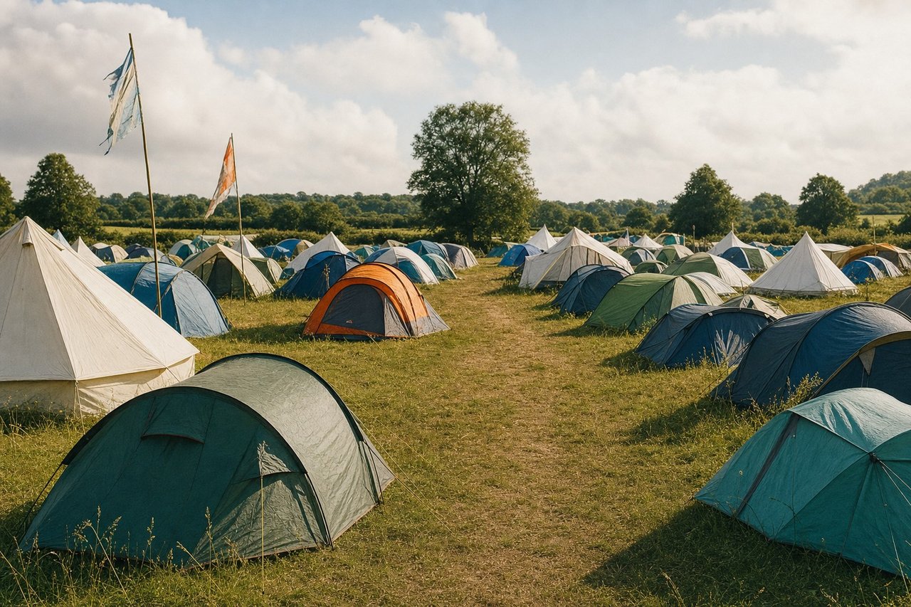 A festival campsite on a summer afternoon, with rows of colourful tents lining a worn grass path and two flags on tall poles